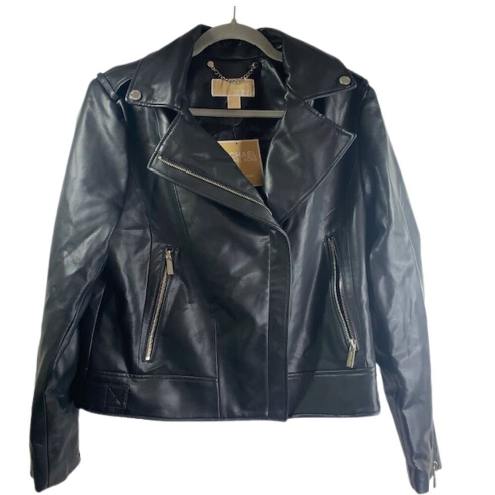 Michael Kors Women's Vegan Leather Moto Jacket Black Size Large NWT - Picture 3 of 14